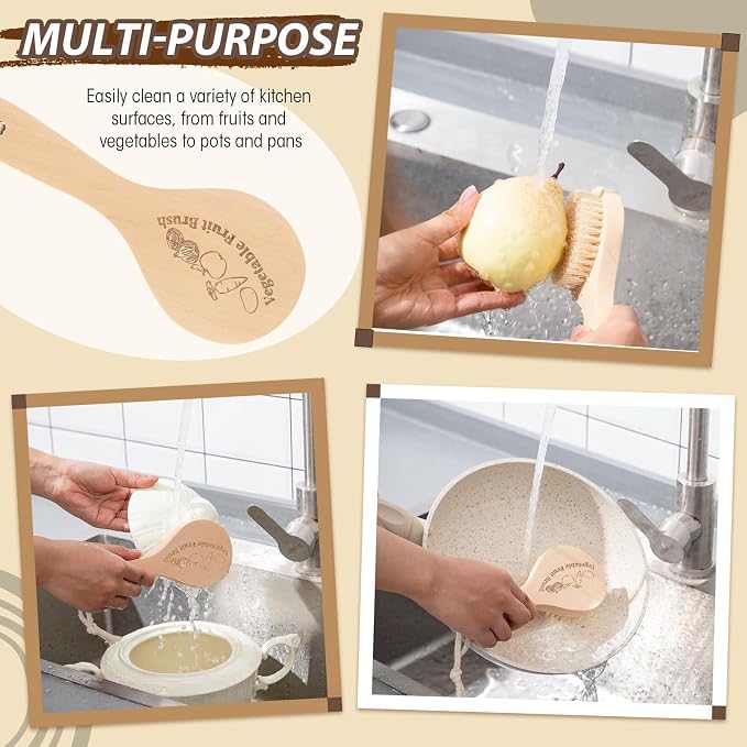 Vegetable Brush Set of 2, Natural Wooden Potato Scrubber for Cleaning