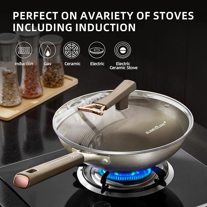 13" Titanium Wok Pan with Lid,Non-stick Flat Bottom Titanium | PFAS & PFOA free,Non-toxic, Fits induction & gas stoves,Traditional Chinese Pan for Stir Fry