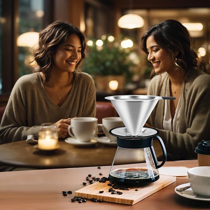 Pour Over Coffee Dripper, Stainless Steel Coffee Filter, Paperless Reusable Coffee Filter, Double Micromesh 600 Mesh Strainer Coffee Maker with Heat-Resistant Silicone Handle & Base (1-2 Cups)
