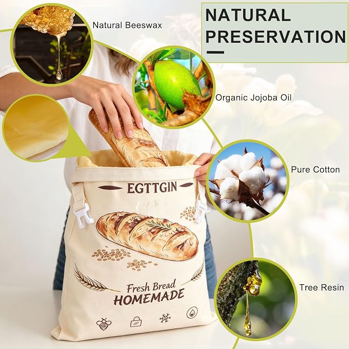 Zippered Beeswax Bread Bags, XL 17"x13" Reusable Organic Cotton Cloth Storage Bags for Homemade Sourdough Loaves, Fresh-Keeping, Freezer-Safe & Eco-Friendly (2 Pack)