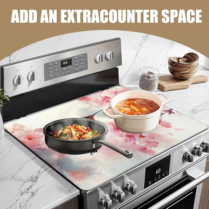 HummingBird Cherry Blossom Stove Top Covers for Electric Stove, Spring Flower Electric Gas Stove Pad Heat Resistant Range Cooktop Protector for Home Decor Kitchen 28"x20"