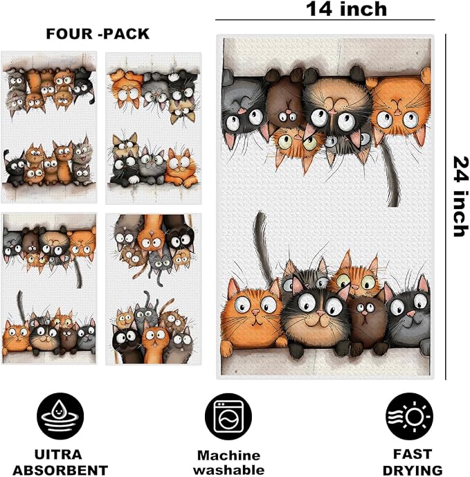 Jztco 4 Pcs Cute Cat Kitchen Towels, Cats Absorbent Hand Tea Towel | Cats Dish Cloths for Drying Dishes, Waffle Dish Towels for Kitchen Home Bathroom Decor, Cat Lover Gifts for Women Mom