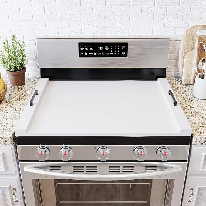 SpaceAid Noodle Board Stove Kitchen Cover with Handles, Top Covers for Gas Burners and Electric Stove, Oven Decor Accessories Wood Tray for Countertop, White Bamboo