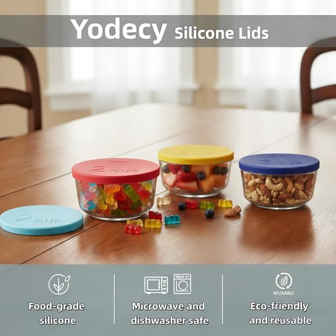Yodecy Silicone Bowl Lids fit Pyrex Glass Bowls 7200-PC 2 Cup, Yodecy Silicone Bowl Lids fit Anchor Hocking Glass Bowls 7200-PC 2 Cup,Replacement Lids 4.76in/12.1cm(4 Pack Red)