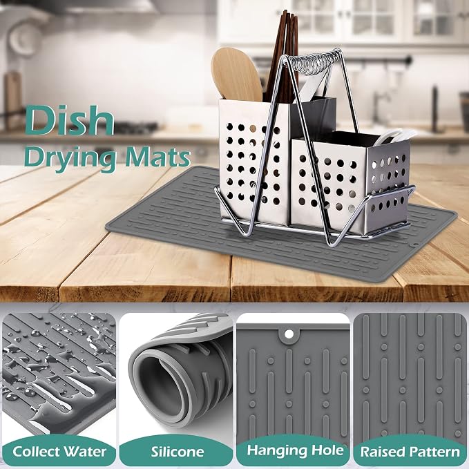 Dish Drying Mats, Heat-resistant Silicone Mat for Kitchen Counter, Non-Slip Dish Dry Mat Dishwasher Safe Medium, Gray