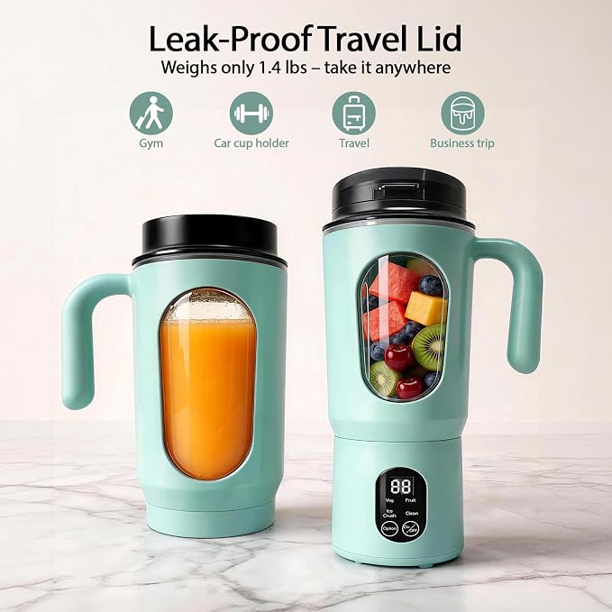 Personal Blender for Smoothies, 580ML USB-C Rechargeable | Portable Blender Cup, 12-Blade Smoothie Maker with Travel Lid, Handle & LED Display for Gym, Office, Travel and Outdoor