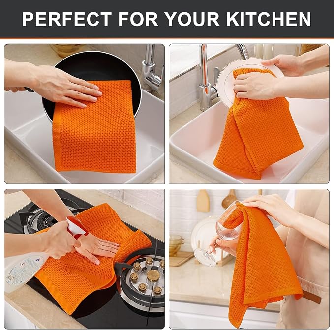 Kitinjoy 100% Cotton Waffle 4-Pack Kitchen Towels, 13" x 28", Orange | Super Soft, Ultra-Absorbent, Fast Drying, lightweight, Quick Drying Kitchen Hand Towels