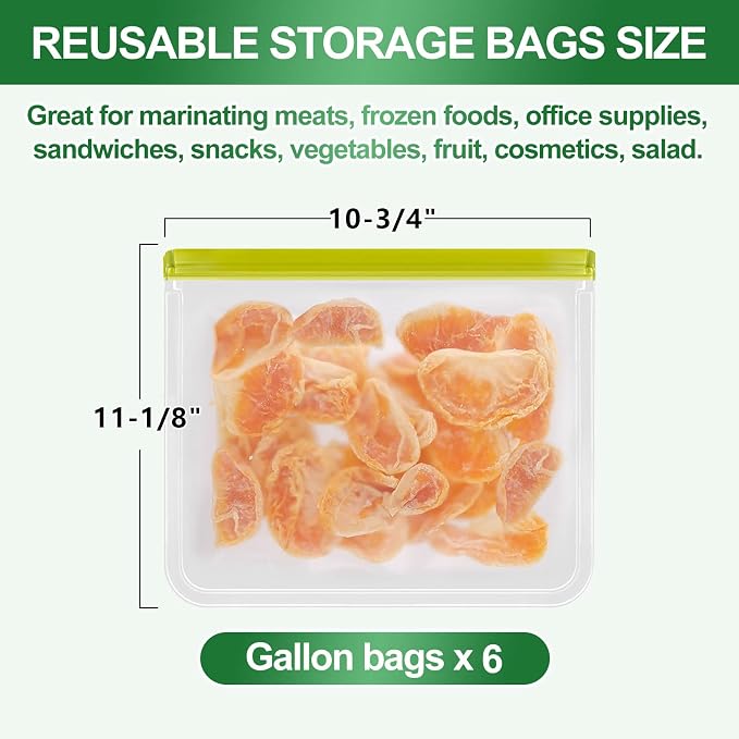 Reusable Freezer Bags, 6 Pack Reusable Gallon Freezer Bags Seal and Leak Proof, BPA Free Reusable Gallon Bags for Travel, Marinate Meats, Fruit or Food Storage