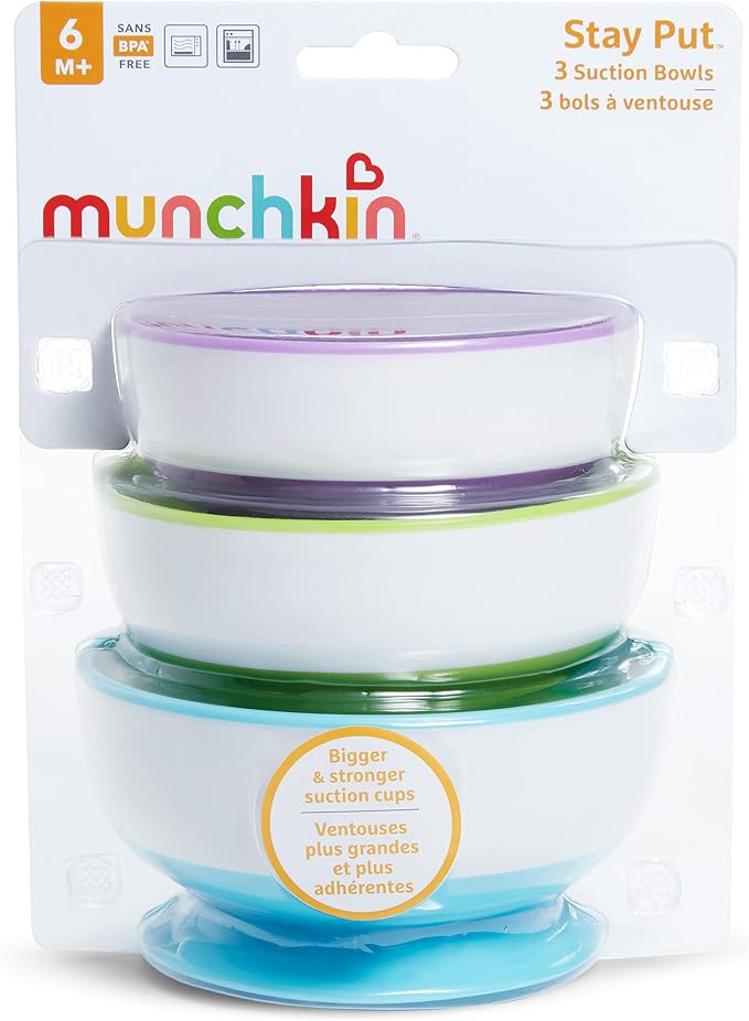 Munchkin Stay Put Suction Bowls for Baby and Toddler,Blue/Green/Purple,3 Count (Pack of 6)