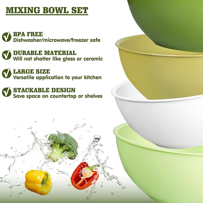 Greentainer 4-Piece Plastic Mixing Bowl Set, 113oz Lightweight Serving Bowls, Large Salad Bowls for Baking,Prepping, Cooking and Serving Food, Dishwasher & Microwave Safe