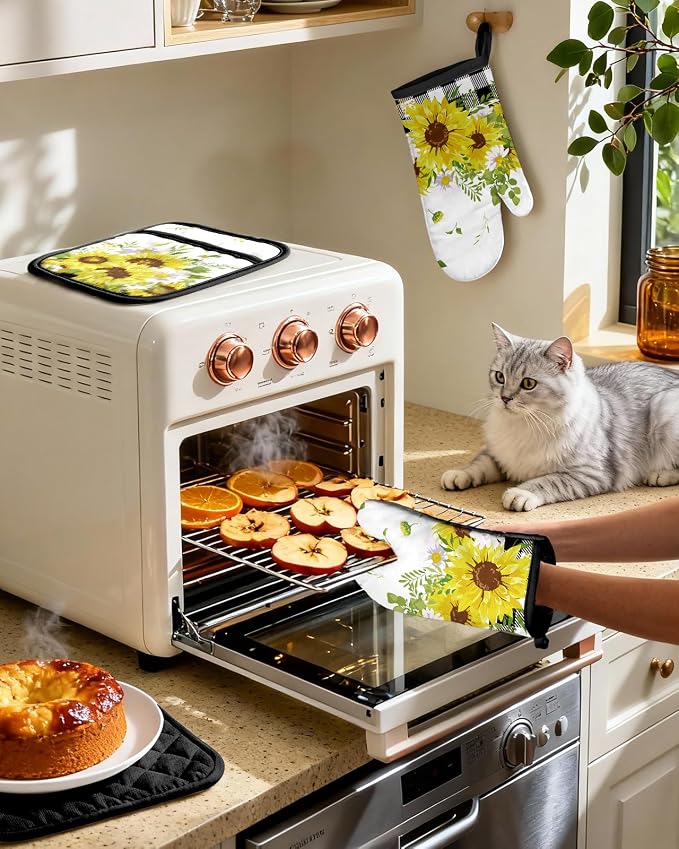 Miss Adola Cotton Oven Mitts and Pot Holders Sets, Sunny Bloom | Heat-resistant up to 350°F, Pure Cotton, Quilted Contact Surface, Stylish Design, with Hanging Loop, Ready to Gift Package