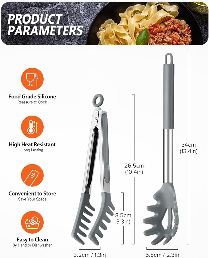Silicone Spaghetti Spoon & Pasta Tong, Non-Stick Stainless Steel Handle Pasta Fork Set with Teeth, Food Clip for Easy Serving of Noodles(Grey)