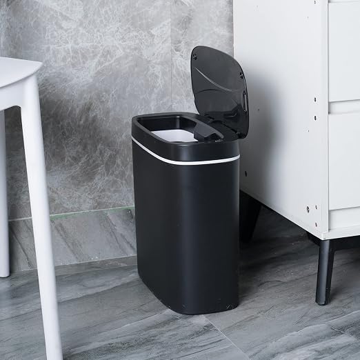 Sooyee 14 Liters Automatic Bathroom Trash Can with Lid, 3.6 Gallon Touchless Sensor Trash Can for Kitchen, Office, Bedroom, Bathroom, Living Room, Black Plastic
