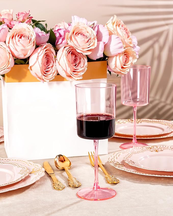 Ciaell 12 Pack Pink Plastic Wine Glasses for Weddings Outdoor Gatherings | 10 oz Pink Stemmed Cups, Heavy Duty Plastic, Wine Champagne Cocktails Mimosas for Parties Birthdays Bars