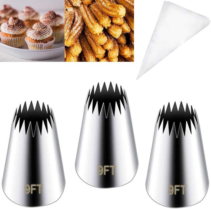 Hendiy 3 Pieces Stainless Steel 9FT Large Churro Piping Tip Set | Churro Maker Icing Tips, Pastry Tips for Cake Decorating, 20Pcs Disposable Piping Bags