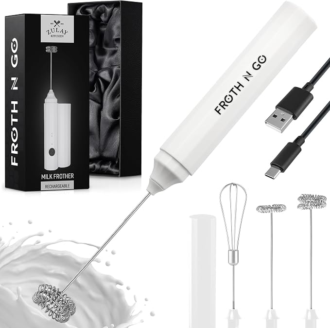 Zulay Froth N Go Milk Frother – Rechargeable 3-in-1 Handheld Frother Wand with Travel Case & USB-C Charger – Single, Double & Egg Whisk for Latte, Cappuccino, Matcha, Protein Shakes - Diamond White