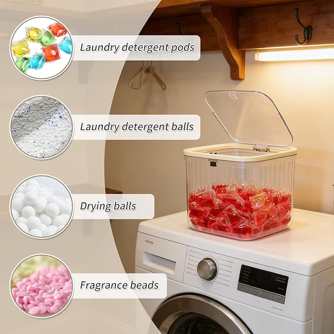 Gute Laundry Pod Holder with Pop-Up Lid,2L Container for Pods&Supplies | Push-Open Lid,Clear Ribbed Bod,Compact 2L Size,Holds 50-60 Pods,For Dishwasher Pods Too,Laundry Room & Under-Sink,No Pod