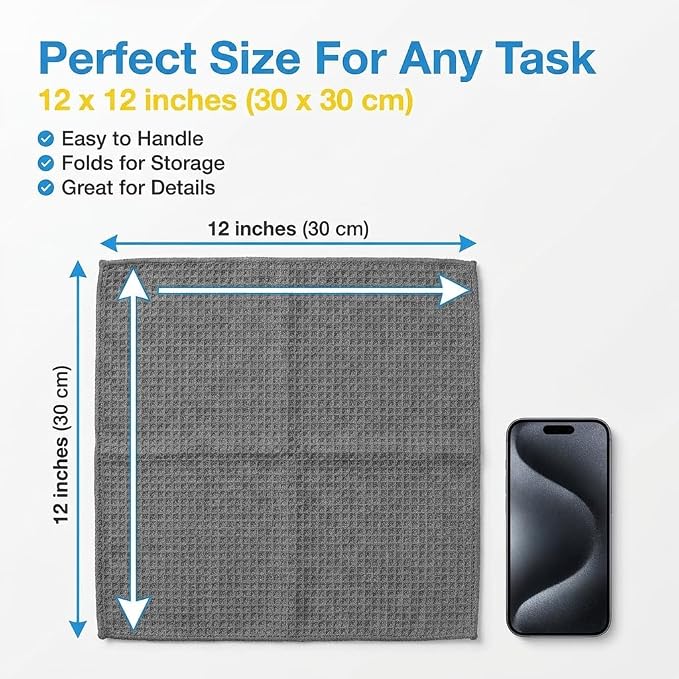 Waffle Weave Microfiber Towel, 12 x 12 inches, Barista Towels, Lint Free Cloth, Glass Towels, Waffle Towels Car Detailing, 6 Pack Premium Microfiber Cleaning Cloth