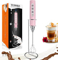 YUSWKO Handheld Milk Frother Wand for Coffee, Rechargeable Electric Whisk with 3 Heads 3 Speeds Drink Mixer Coffee Frother For Latte, Cappuccino, Hot Chocolate, Egg, Pink with Holder