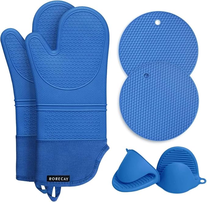 RORECAY Silicone Oven Mitts and Pot Holders Sets, Gloves for Kitchen, Blue | Set of 6 Kitchen Mitts for Baking & Cooking, Heat Resistant 500 ℉, 15" Extra Long, Non-Slip & Waterproof, Quilted Cotton