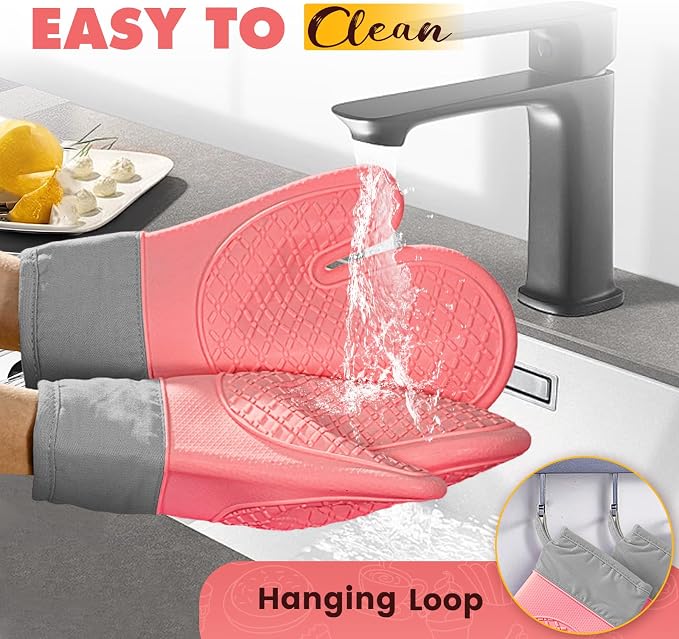 Silicone Oven Mitts (2 PCS), Waterproof Non Slip Grip Oven Gloves with Thick Soft Cotton Lining, Universal Fit Heat Resistant Kitchen Gloves for Baking, BBQ, Cooking and Grilling-Pink