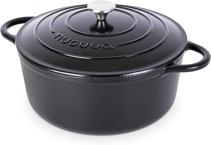 Cast Iron Dutch Oven with Lid-Non-Stick Ovenproof Enamelled Casserole Pot- Sturdy Dutch Oven Cookware - Black, 7.3- Quart, 30cm- by Nuovva