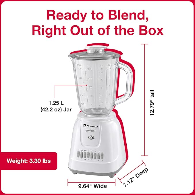 Koblenz LKM-5510 PB Countertop, Stainless Steel Blades, Plastic Jar, 42 oz | 500W Motor, 10 Speed + 2 Pulse, Stainless Steel Blades, Metal Coupling, Smoothie Blender, Blender for Kitchen, White, Durable