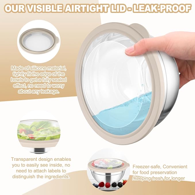 TeamFar Mixing Bowls Set, 4.5/3/1.5/1/0.7 QT Salad Bowl with Lids, Khaki | Stainless Steel Nesting Bowls with Visible Airtight Lids, For Serving/ Mixing/ Storing, Non-Toxic & Dishwasher Safe, Set of 5