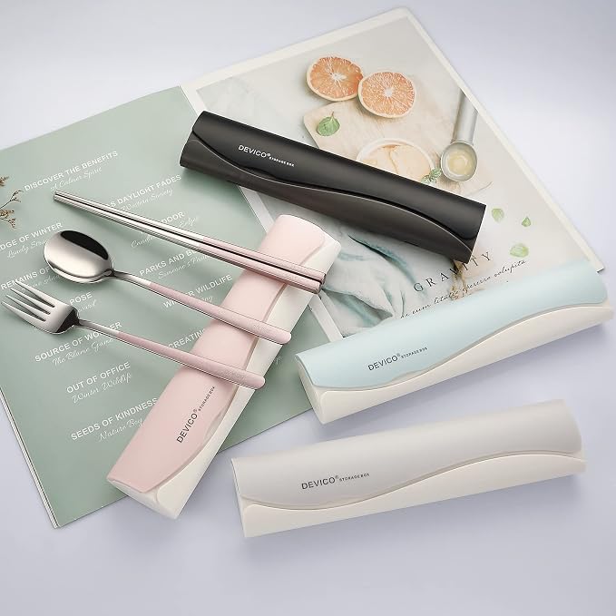 DEVICO Travel Utensils with Case, 4 Piece Portable Silverware Set for Work | 18/8 Stainless Steel Reusable Travel Cutlery Set, Korean Chopsticks Fork and Spoon Set for Lunch Box/Camping/Picnic/Dorm,Pink