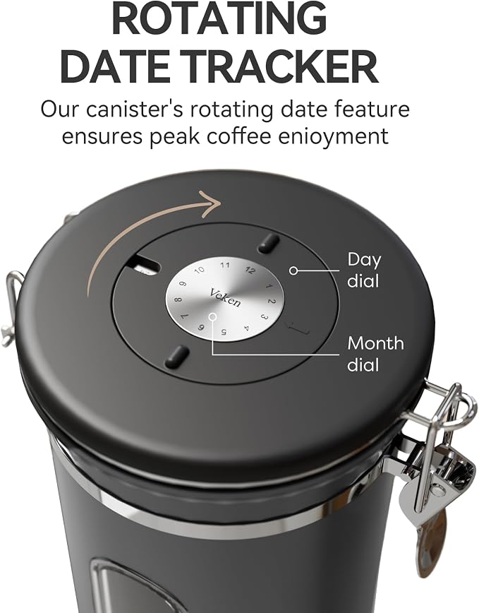 Veken Coffee Canister with Window, Airtight Stainless Steel Container,Date Tracker, Kitchen Food Storage Jars for Beans, Ground, Espresso, Rice,Tea, Sugar, Cereal, Gifts, Scoop, Grey, 22OZ (Pack of 2)