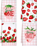 4 Pcs Strawberry Kitchen Towels Summer Berry Hand Dish Towels Absorbent White Pink Grid Tea Towel Fast Drying Housewarming Gift for Kitchen Bathroom Holiday Summer Strawberry Party Decor