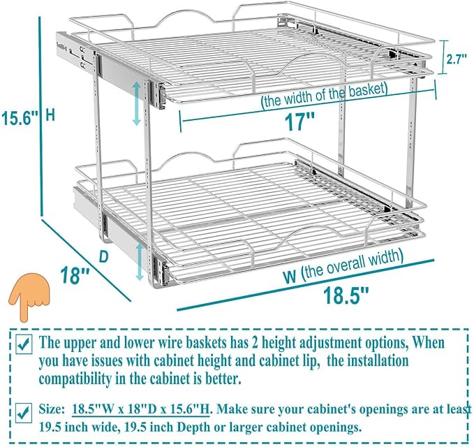 OCG 2 Tier Pull Out Cabinet Organizer (18.5" W x 18" D), Pull Out Drawers for Kitchen Cabinets, Pull Out Shelves for Base Cabinet Organization in Kitchen Bathroom Pantry, Chrome Finish