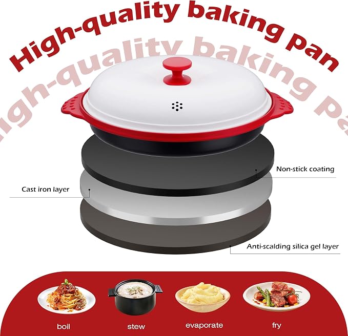 Microwave Grill Pan with Lid, Microwave Bacon Cooker, Microwave Griller & Crisper Pan for Grilling, Frying, Browning and Crisping, Microwave Cookware for Grill Meat, Vegetable, Safe for Family,Dorms