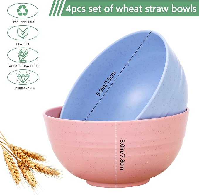 DUOLUV Unbreakable Cereal Bowls - Wheat Straw Fiber Lightweight Bowl Sets 4 - Dishwasher & Microwave Safe - for,Rice,Soup Bowls (24 OZ)