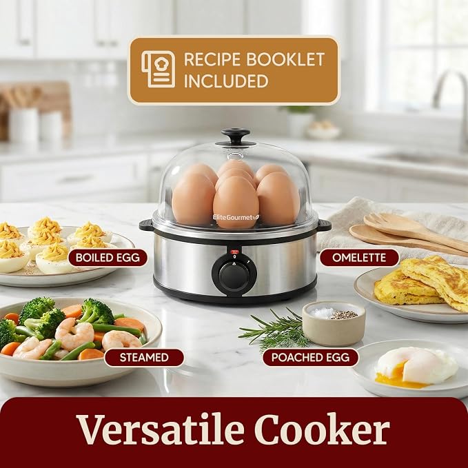 Elite Gourmet EGC648 Egg Boiler Cooker, 7-Egg Poacher/Omelet Maker, Steel | Cooks soft, medium, or hard-boiled eggs, also scrambles - auto shut-off with buzzer - measuring cup included - BPA-free