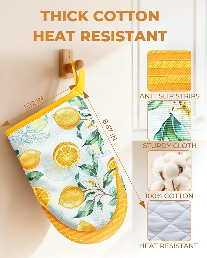 100% Thick Cotton Mini Oven Mitts Silicone Grip Stylish Lemon | Girly Cute Oven Mitts for Women, Machine Washable, Non-Slip, Reversible Design Fits Both Hands, Stylish Kitchen Decor