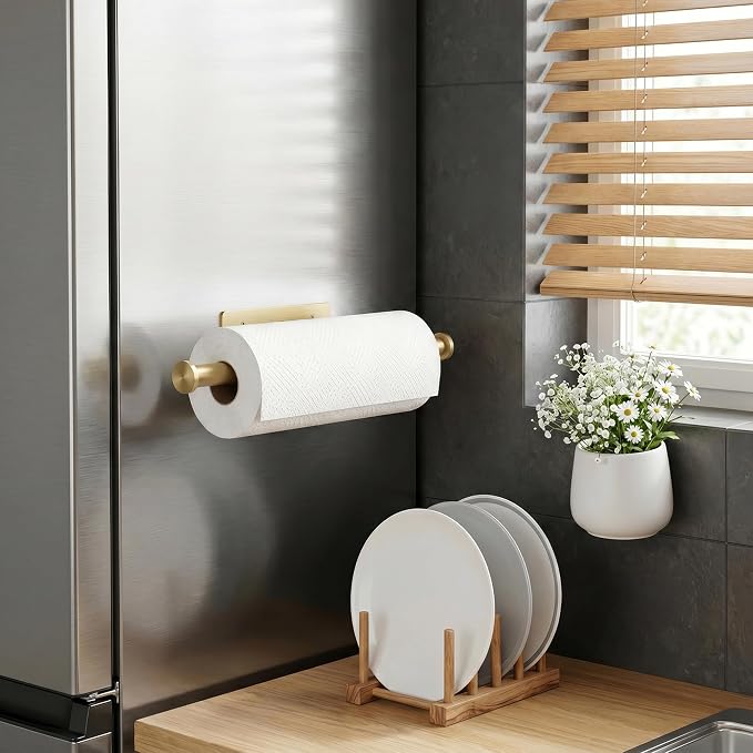 Paper Towel Holder Wall Mount,No Drill,SUS304 Steel, Space Saving | Maximize countertop space with secure roll storage. Fits kitchens, bathrooms, RVs and pantries with flexible mounting options