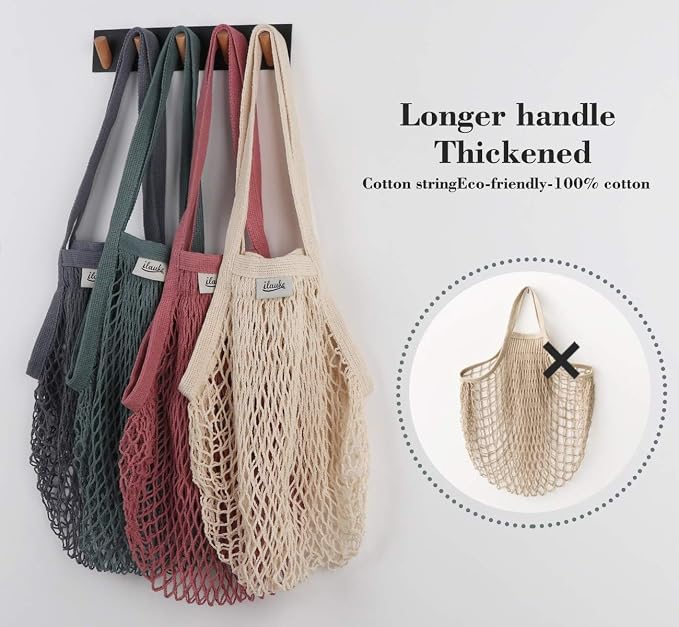 Lemonfilter 5 Pack Cotton Mesh Grocery Bags with Long Handle (4 Color) | Reusable Washable Mesh Produce Bags, Foldable Long Handle Eco Net Tote for Fruit, Vegetables and Farmers Market Shopping