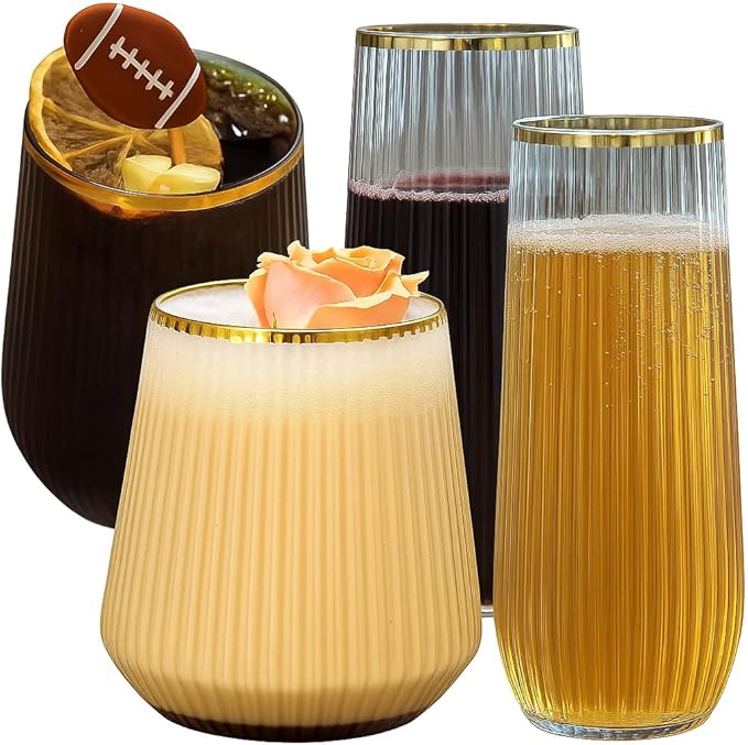 48 Pack Disposable Plastic Champagne Flutes & Wine Glasses - Stemless | 24 9oz Flutes, 24 12oz Cups, Gold Rim, Ribbed, BPA-Free, Shatterproof, Reusable, Recyclable, for Wedding Party Birthday