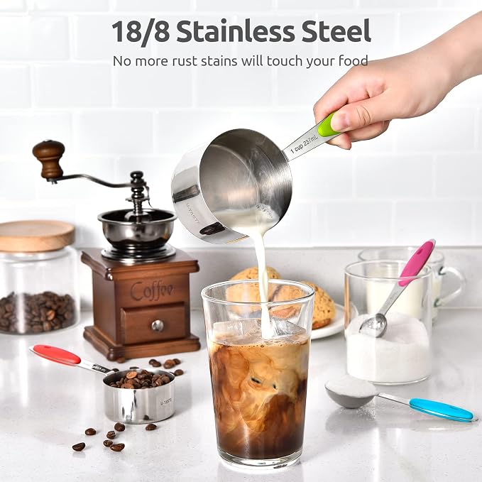 Measuring Cups : U-Taste 18/8 Stainless Steel Measuring Cups and Spoons Set of 10 Piece, Upgraded Thickness Handle (Multicolors) | Upgraded Thickened Handle, Reinforced Welded Joints, Nested Stackable Design, Metal Measure Set for Kitchen Baking Cooking