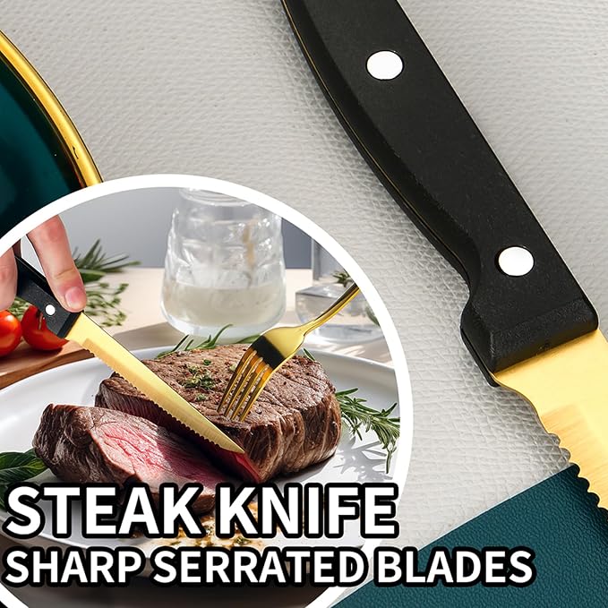 60-Piece Gold Silverware Set with Steak Knives Gold Stainless Steel Flatware Set for 10 Food Grade Tableware Cutlery Set Rust-proof, Mirror Polished, Dishwasher Safe