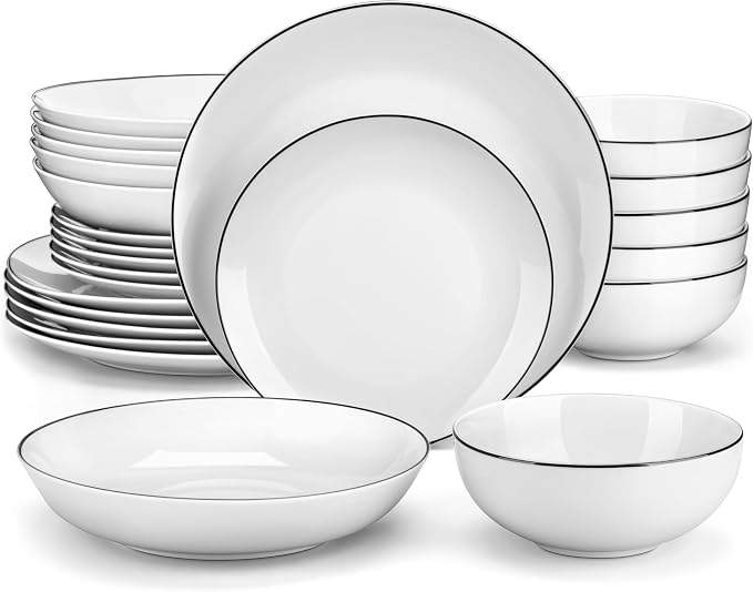 MALACASA 24-Piece Porcelain Dinnerware Set, with Black Rim Dish Set for 6 | Modern White Serving Plates and Bowls Sets for Dessert, Salad, Soup, Pasta, Microwave & Dishwasher Safe - Series AMELIA