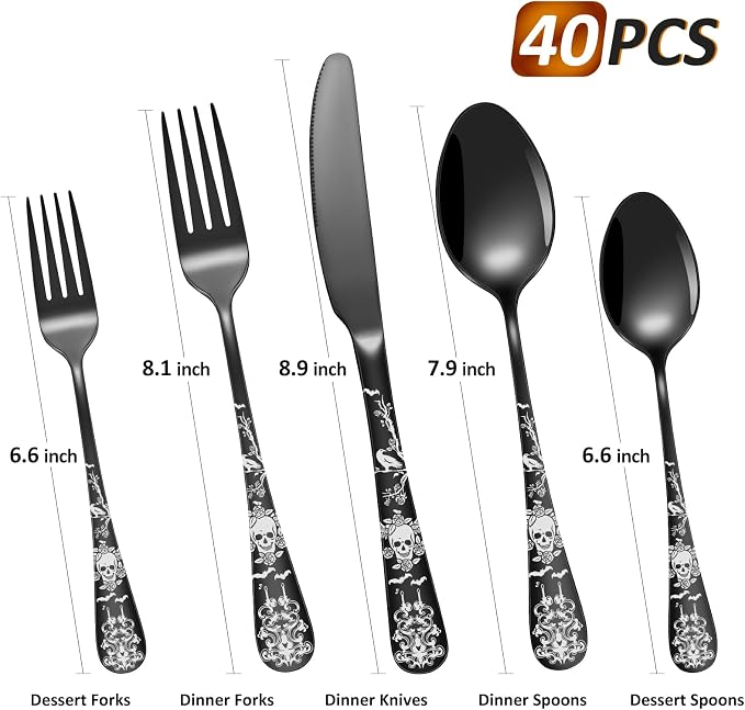 40-Piece Black Skull Silverware Set for 8, Flatware Set Stainless Steel Spoons,Forks,Knife Pattern Unique Design Utensil Sets Tableware Cutlery, Mirror Polished, Dishwasher Safe
