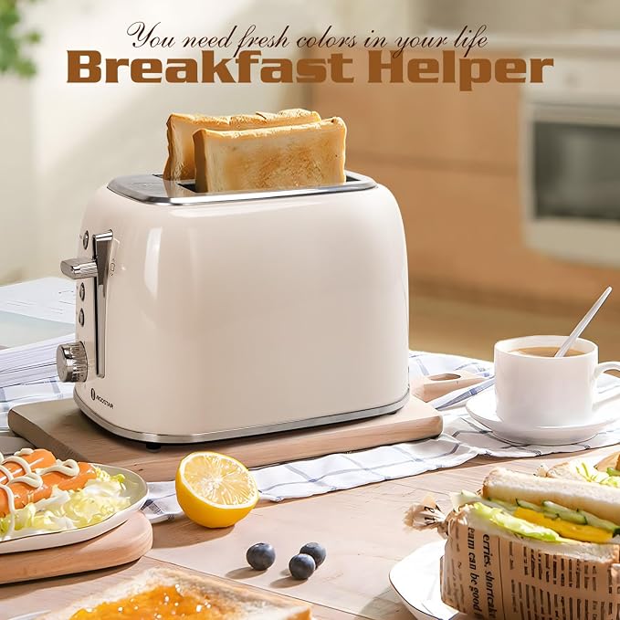 Aigostar Toaster 2 Slice, Retro Extra-Wide Slot, Cream White | Best Rated Prime, For Toasting Bagels, Breads, Waffles & More, Cancel, Defrost & 6 Browning, Removable Crumb Tray