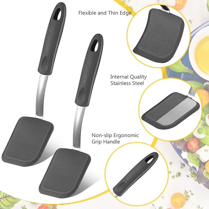 Silicone Cookie Spatula Turner 2 Pack Mini Brownie Spatula Flexible Kitchen Small Silicone Turner for Nonstick Cookware Heat Resistant No Scratch Flipper for Egg(Solid Flat,Grey)
