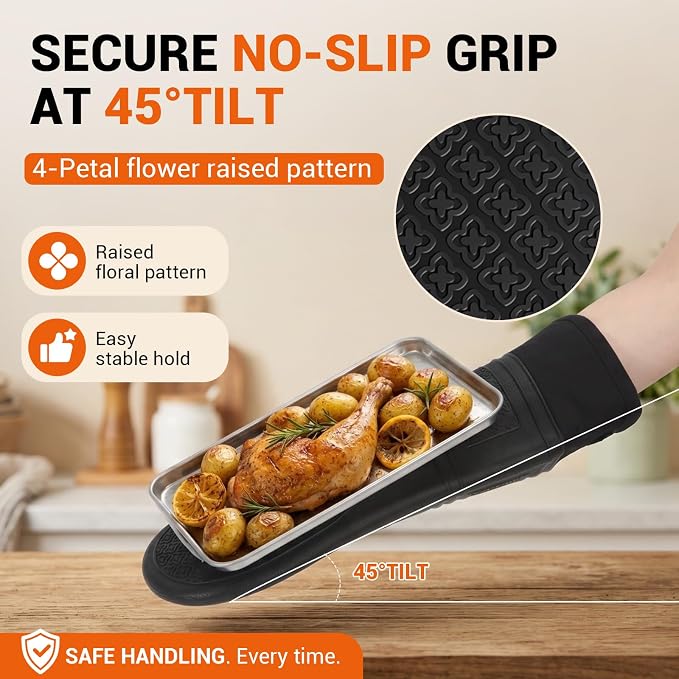 Silicone Oven Mitts, 14.2" Extra Long, Heat Resistant, Black | Heat resistant up to 570°F, wrist and forearm coverage, non-slip grip, waterproof exterior, 2-pack