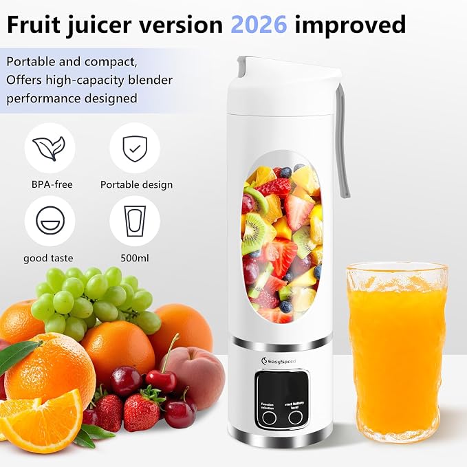 EASYSPEED Portable Blender Electric USB-C, 500ML Personal Juicer for Shakes, 12 Blades, 1500mAh Rechargeable, BPA Free, 18oz Small Blender with Leakproof Lid & Sip Spout, Mixing, Compact