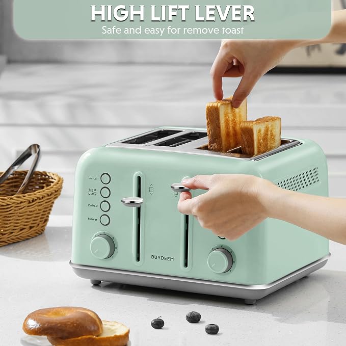 BUYDEEM DT640 4-Slice Toaster, 7 Shade Settings, Extra Wide 1.5’’ Slots for Bagel & English Muffin, 6 Toasting Functions, Retro Stainless Steel Toaster with High Lift Lever, 1800W, Green