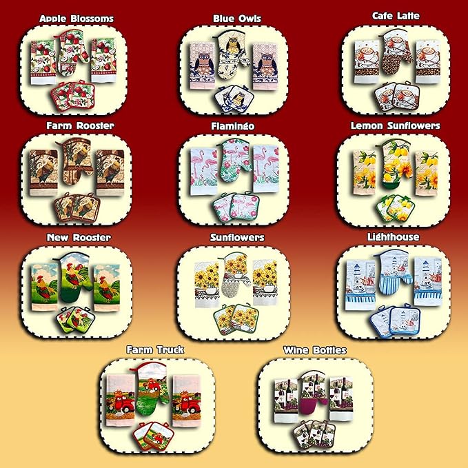 Rustic Rooster Kitchen Set – 5 Piece Set | Kitchen Towel Set with 2 Decorative Dish Towels (25 X15), 1 Oven Mitt (11 X 7) and 2 Potholders (6.5 X 6.5)