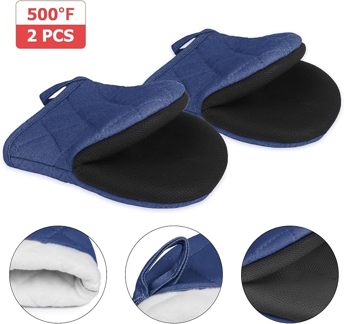 Goldmeet Mini Oven Mitts 2-Pack, 7"x5.5", 500°F Silicone Grip, Denim Blue | Non-Slip, Heat Resistant, Machine Washable, Hanging Loop, Fits Small Hands, for Baking Grilling BBQ Cooking